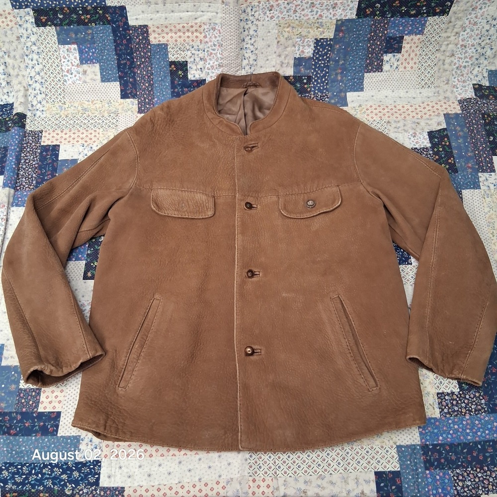 Vintage Eros Modelli Mens Brown Leather Field Jacket Medium Wooden Buttons